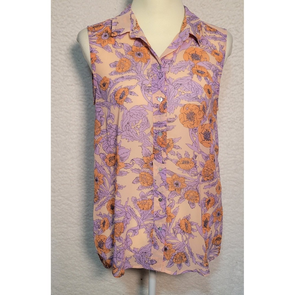 H&M Womens Sleeveless Blouse Top Size 8 Floral Button Lightweight 1651